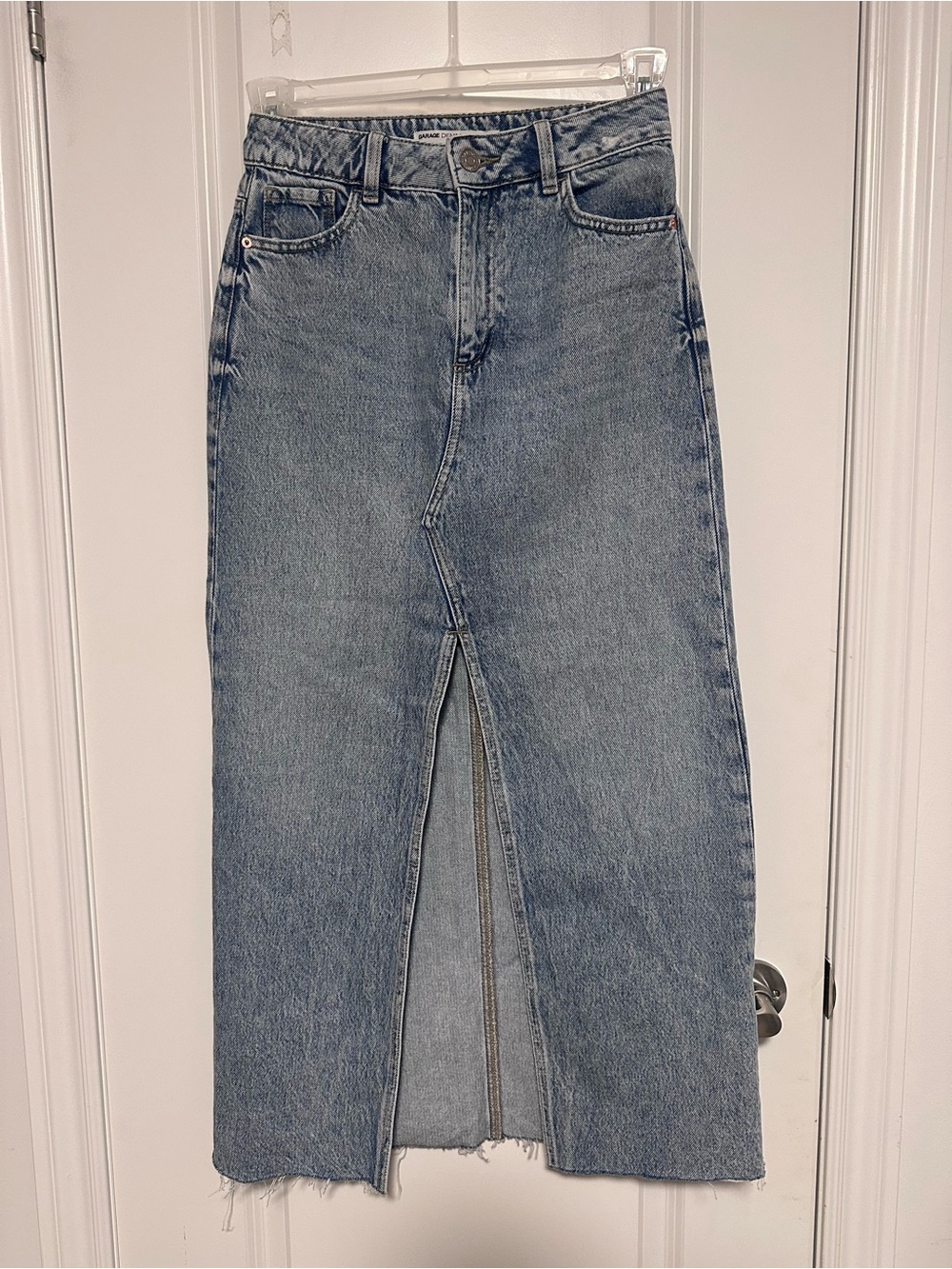 Garage Denim High Waisted Maxi Skirt Raw Hem Front Split XS